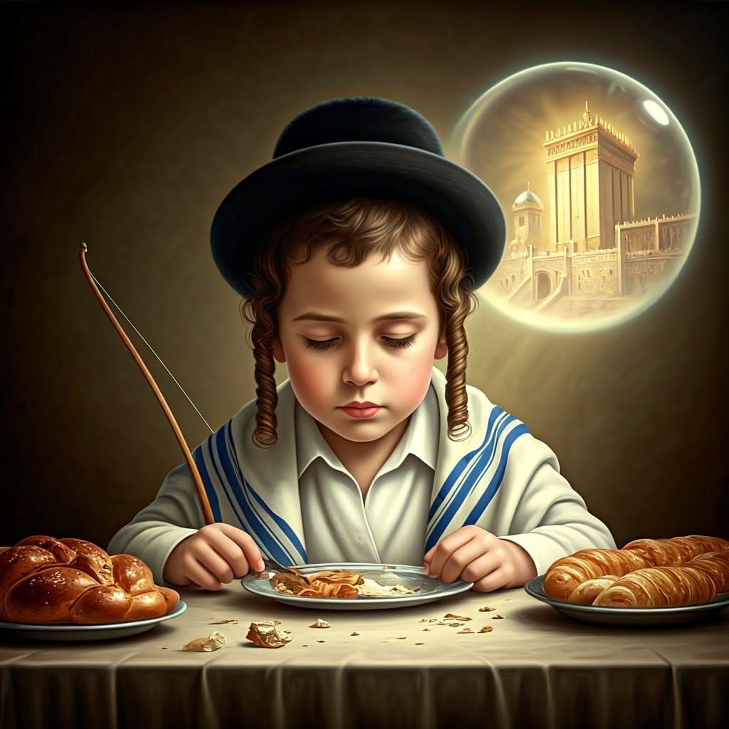 Orthodox Hasidic Boy Blesses Food in Temple Vision