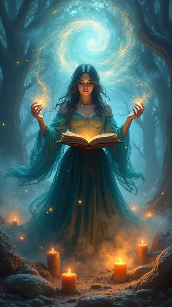 Mystical Sorceress Weaving Magic with Fantasy Essence