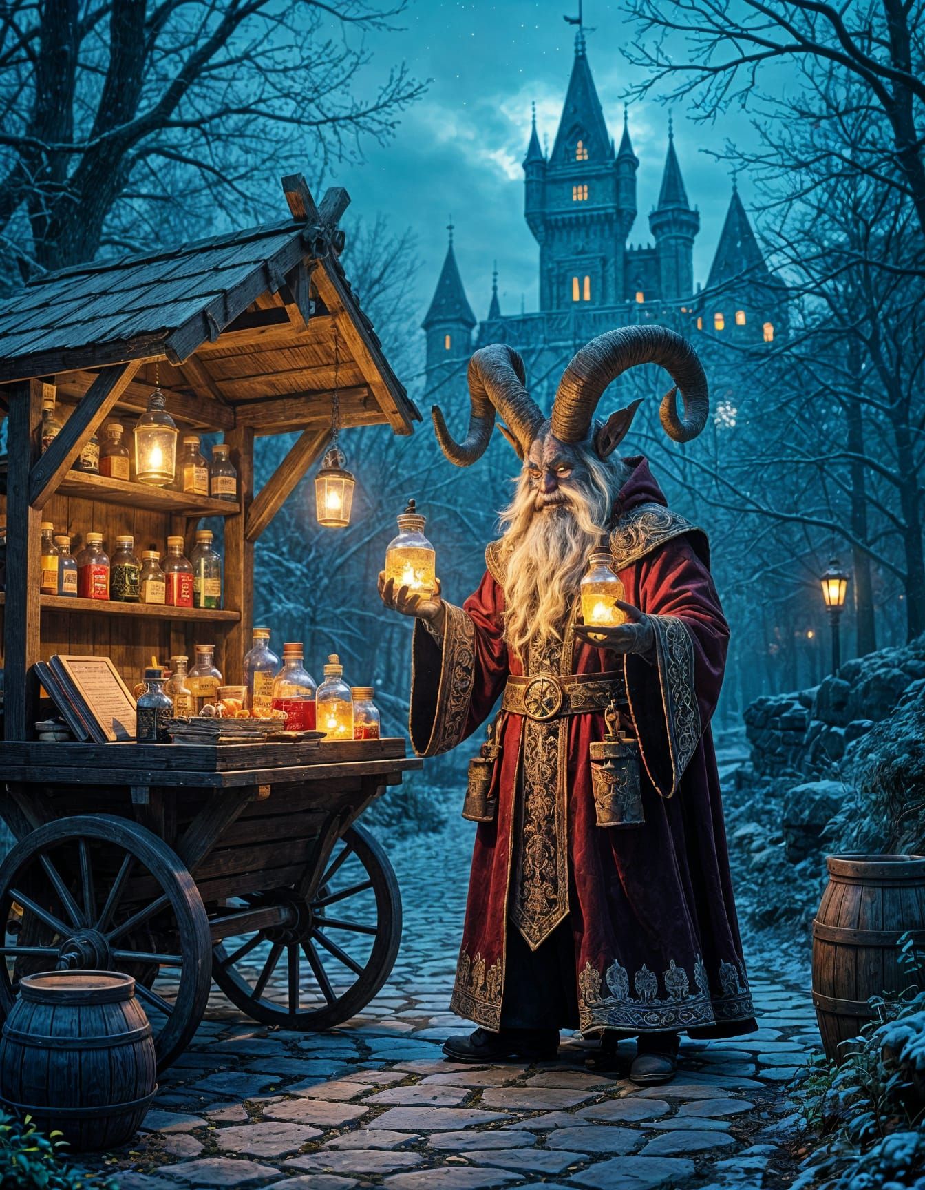 Krampus Merchant Sells Potions and Scrolls at Night