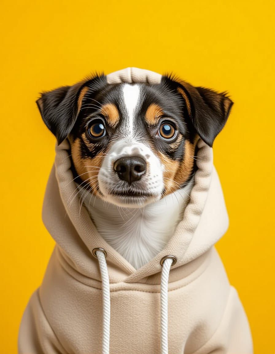 Photorealistic Portrait of a Patched Dog in a Yellow Studio