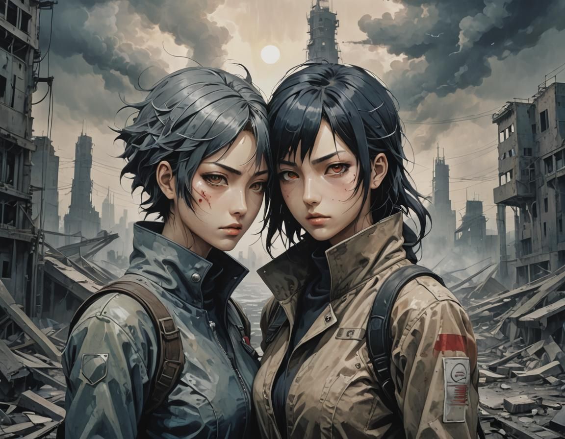 Art style of Kazuma Kaneko, Megami Tensei, surreal, abstract, two lesbian women in love, stark contrast, cool tones, ami...