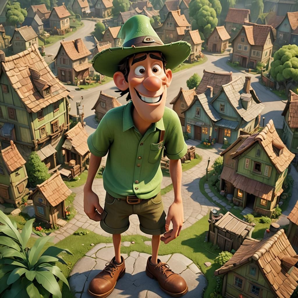 Goofy Giant in Village: Pixar Style 3D Art