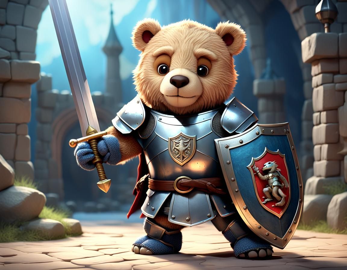 Teddy Bear Knight vs Dragon: 3D Digital Art