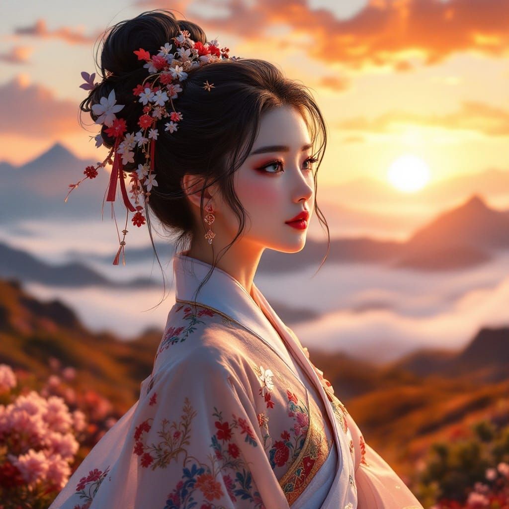 Traditional Asian Beauty Gazing at Enchanted Sunset