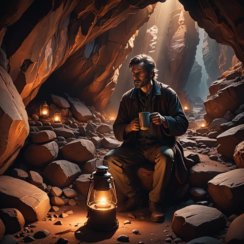 Man in Cave with Lantern: Hyperrealistic Concept Art