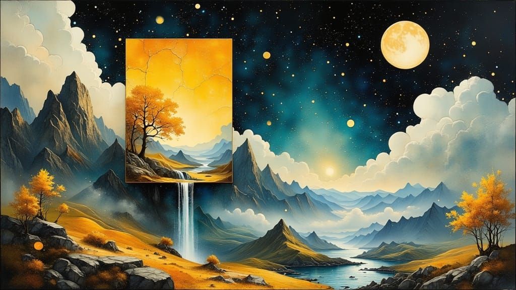Surreal Autumn Landscape Within a Fractured Floating Cube