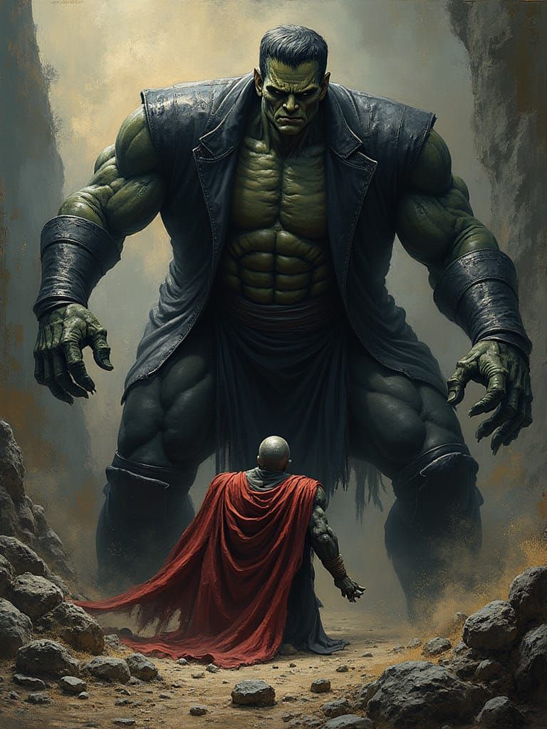 Frankenstein’s monster fighting Darkseid in the style of Gra...
