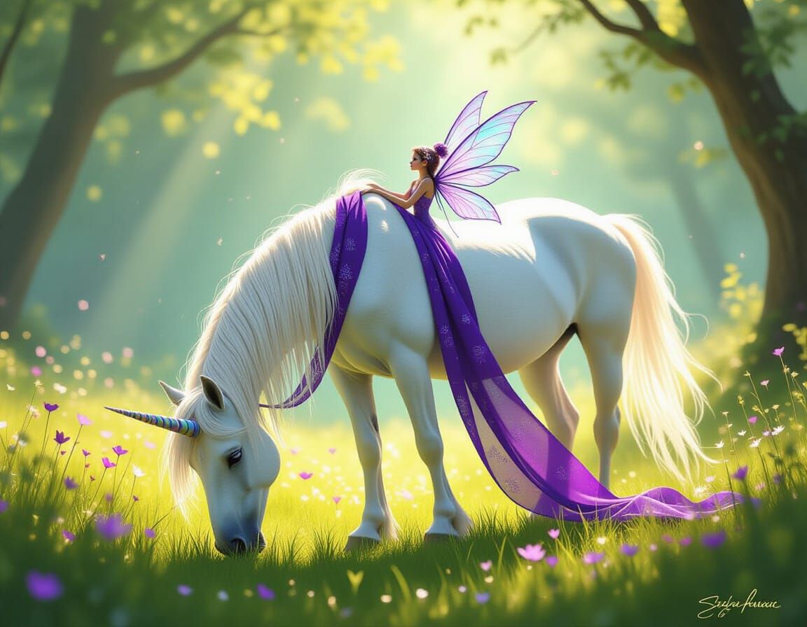Majestic Unicorn with Pixie Companions in Enchanting Meadow