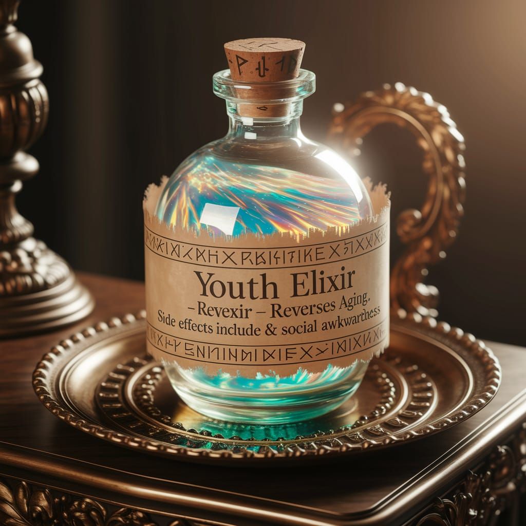 Vintage Glass Bottle with Iridescent Youth Elixir