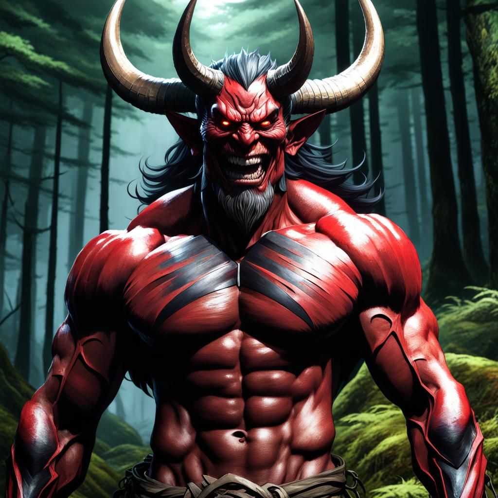 Evil Japanese Demon in Aokigahara: Hyperdetailed Portrait