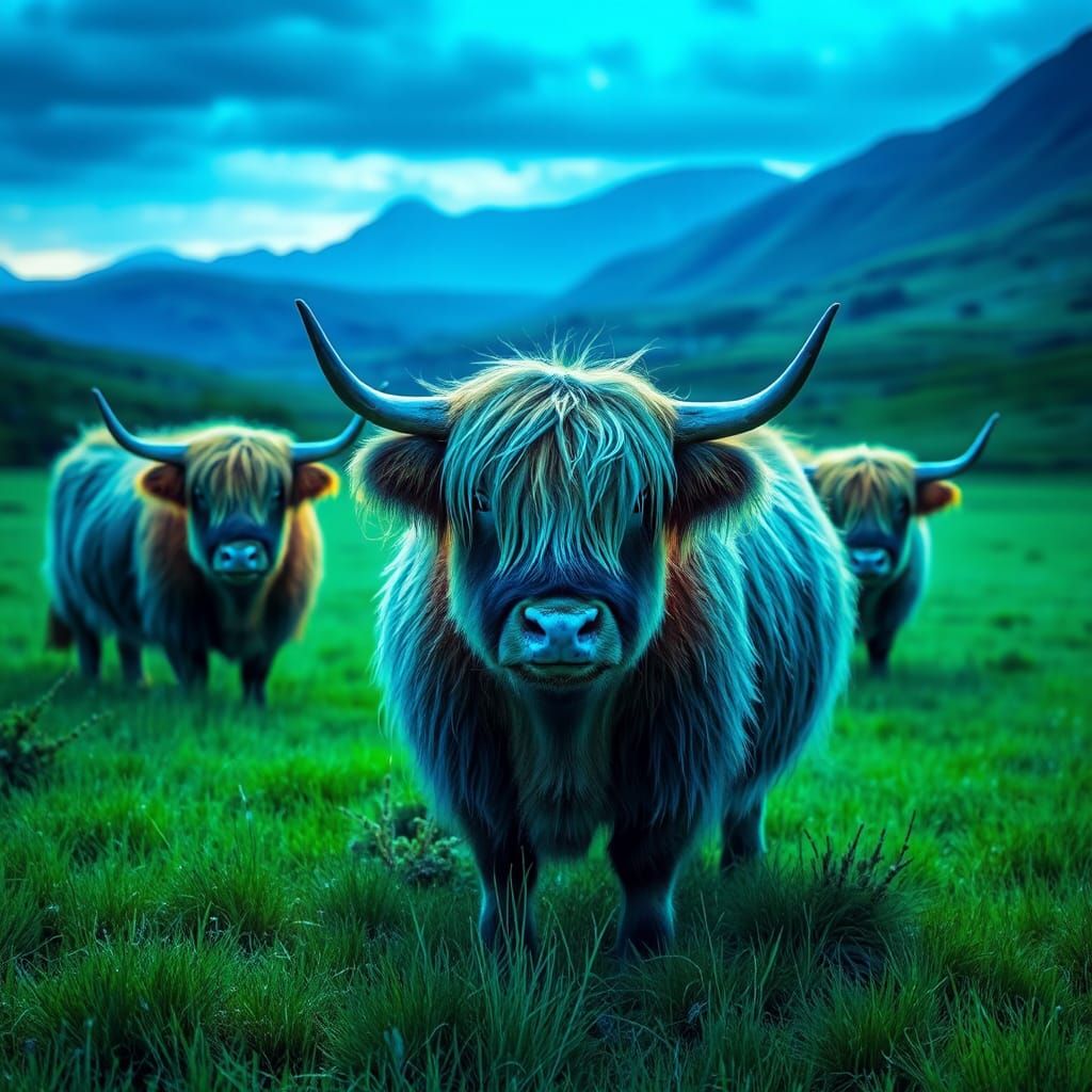 Highland Cows in Fluorescent, Futuristic Meadow