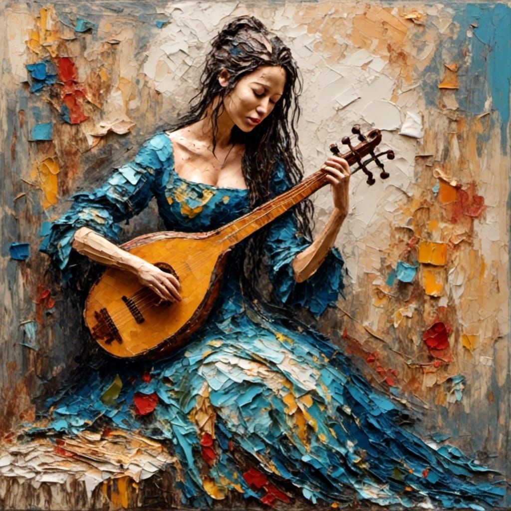 Renaissance Woman Plays Lute with Impasto Texture