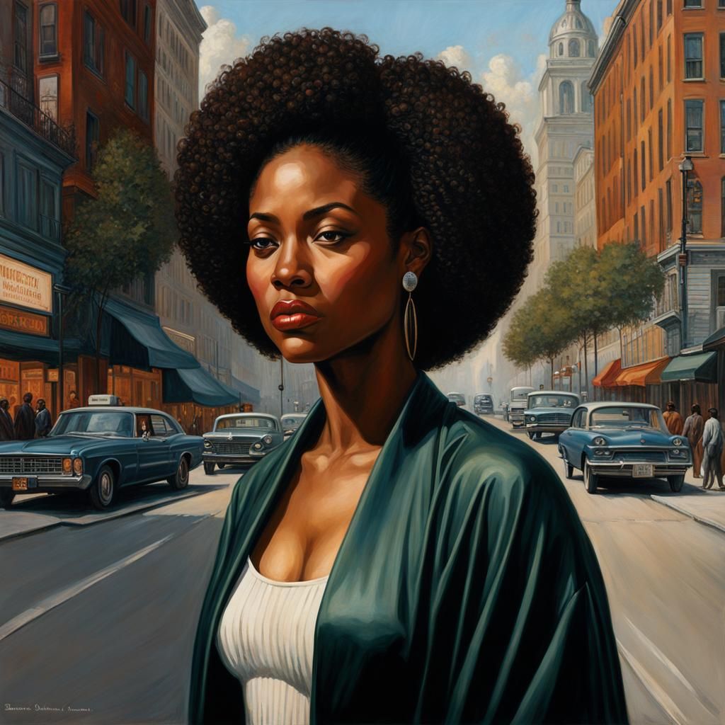 African American Woman in City, Impressionistic Illustration