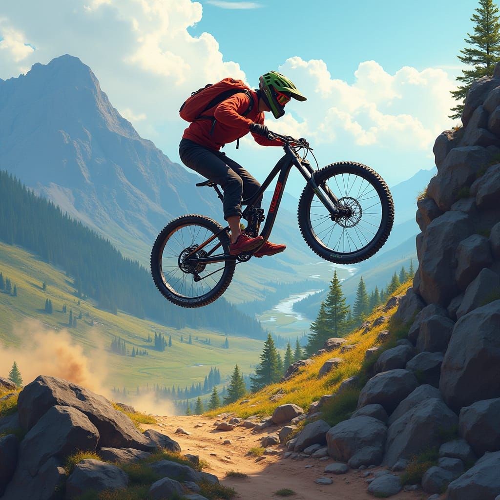 Mountain Biker Soaring Over Valley in Digital Art