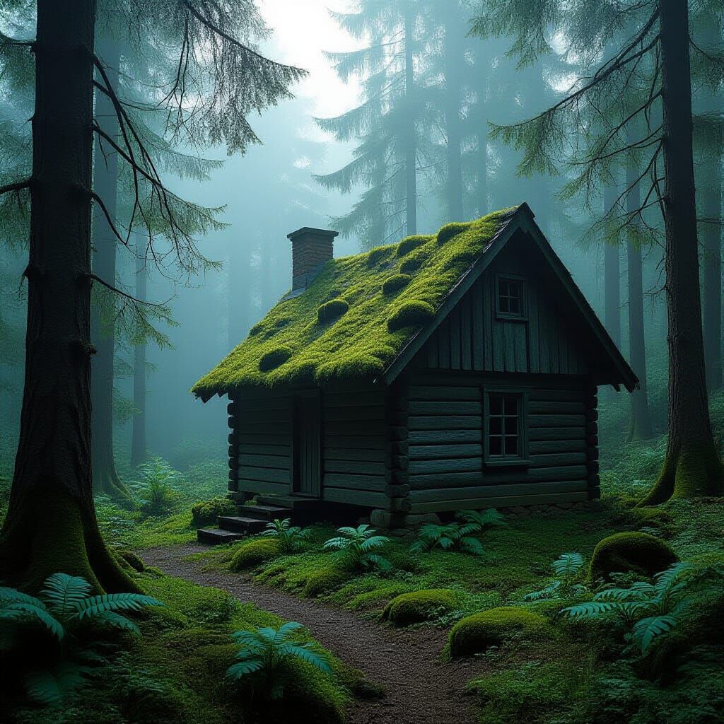 Ancient Cabin in Misty Forest