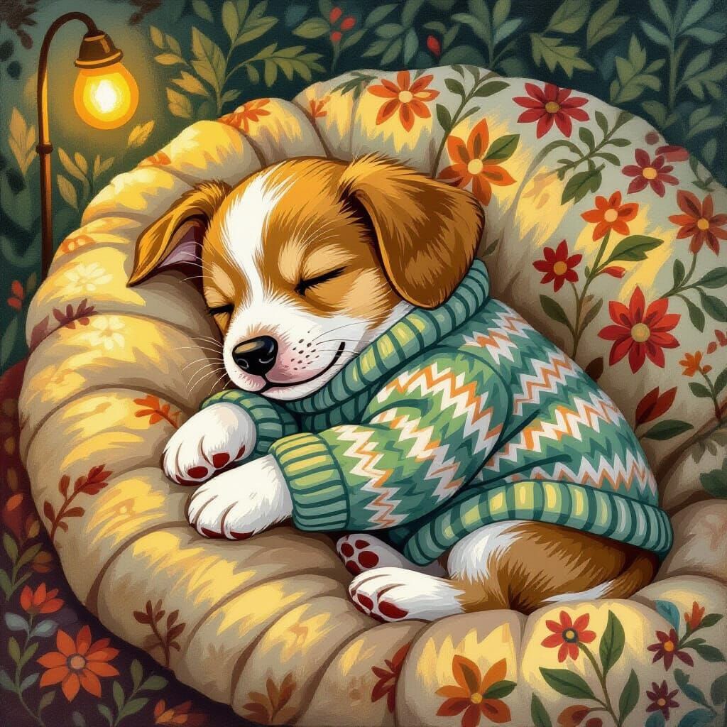 Cozy Puppy Dreamscape in Storybook Style