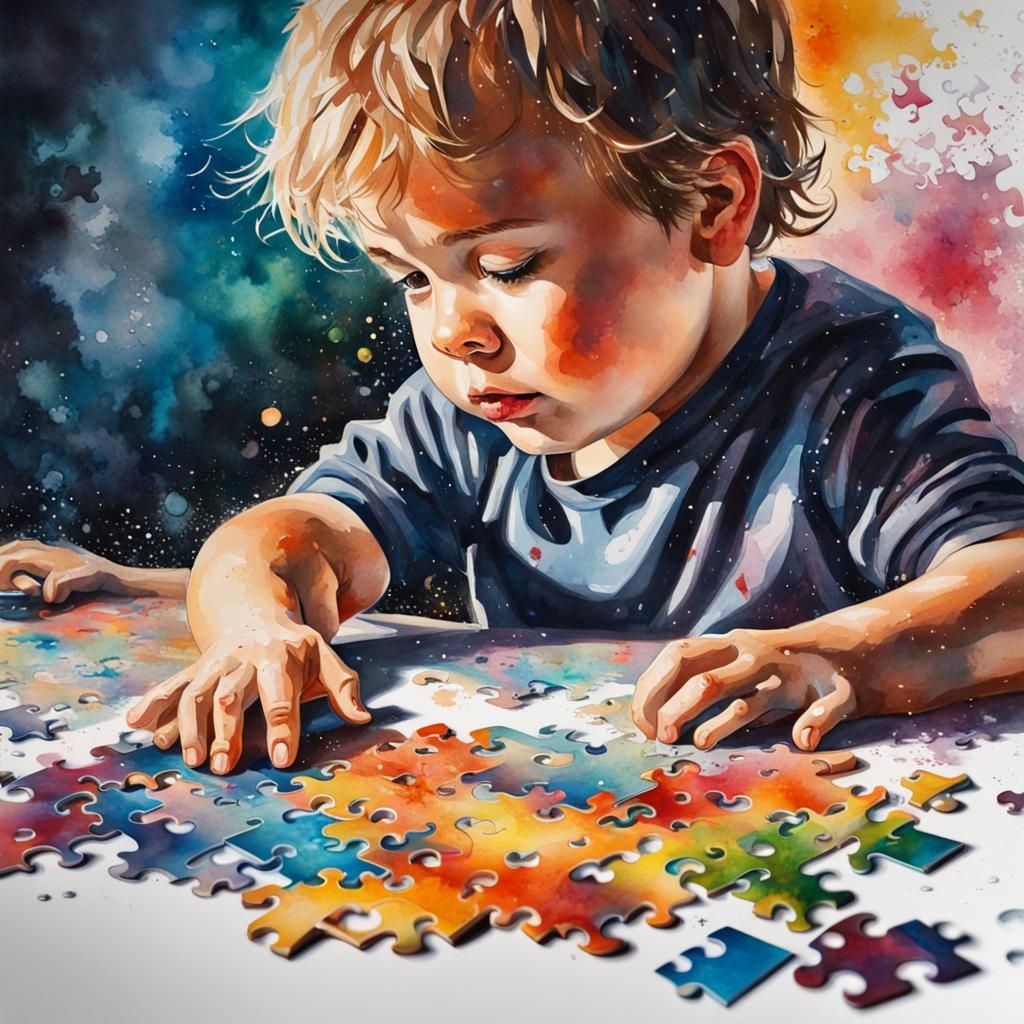 Child's Jigsaw Puzzle in Watercolor Graffiti Style