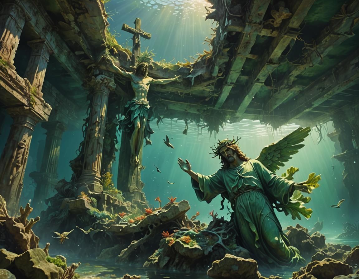 Underwater Christ with Wings in Surrealist Style