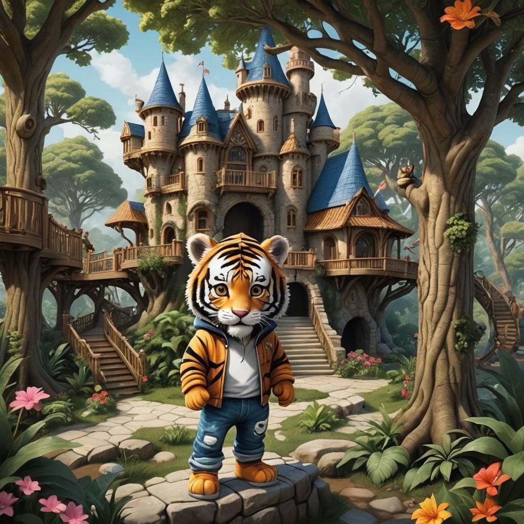Anthropomorphic Tiger and Fox Kit in Chateau Treehouse