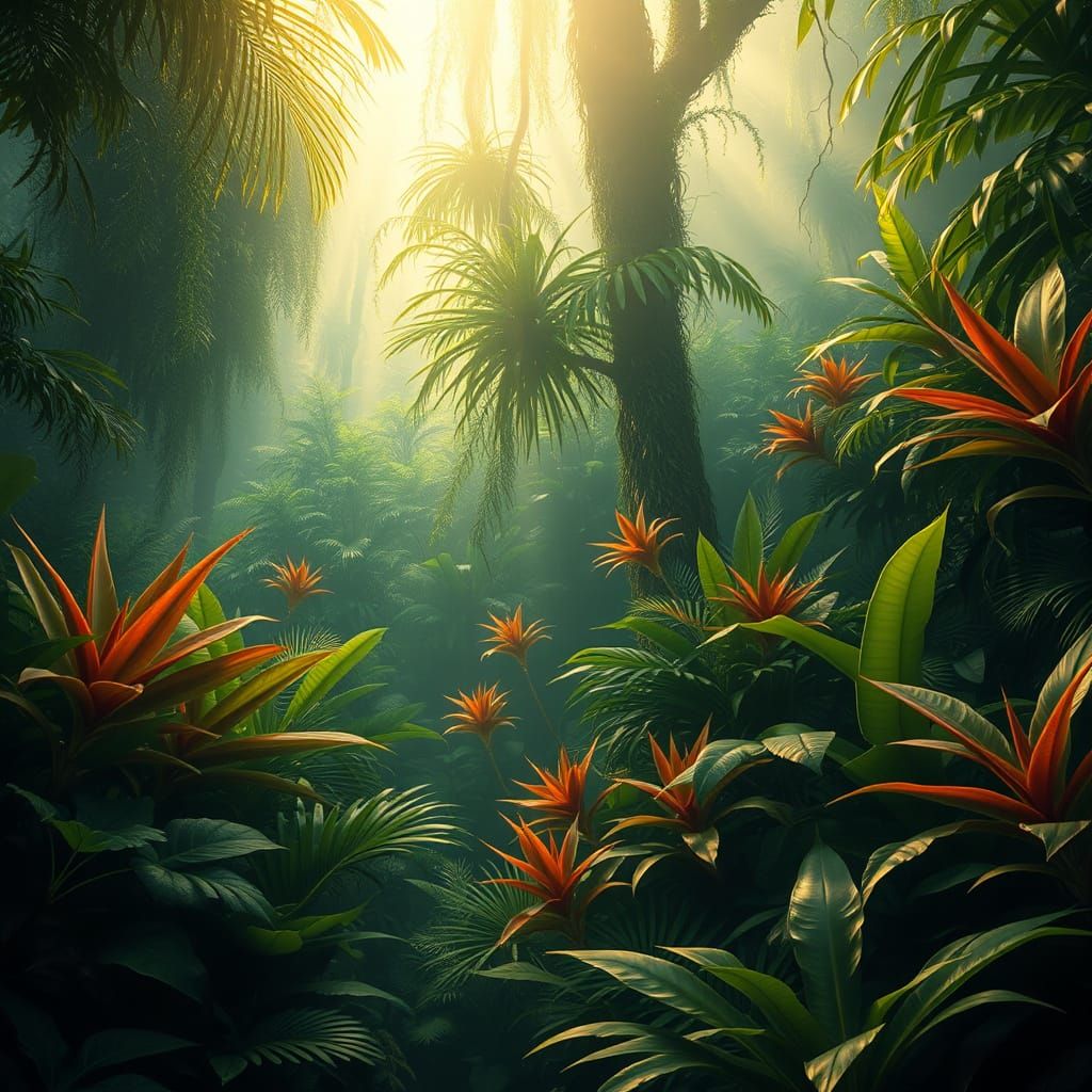 Lush Jungle Scene with Exotic Plants and Golden Light