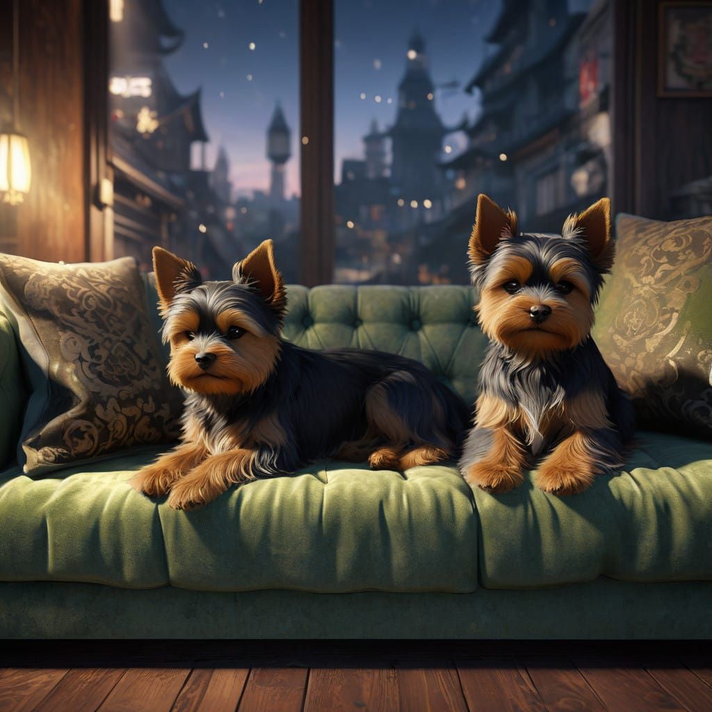 Sleeping Yorkshire Terriers on Plush Velvet Sofa in 3D Anime...
