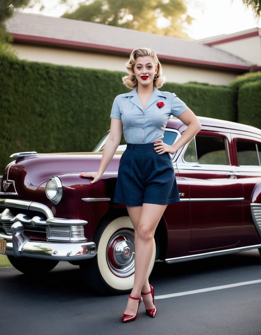 Lili Reinhart as 1950s Pin Up Girl with Classic Pontiac Chie...