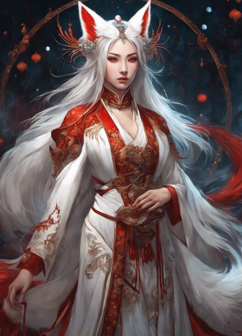 Kitsune Warrior Woman in Ethereal Lights: Digital Art