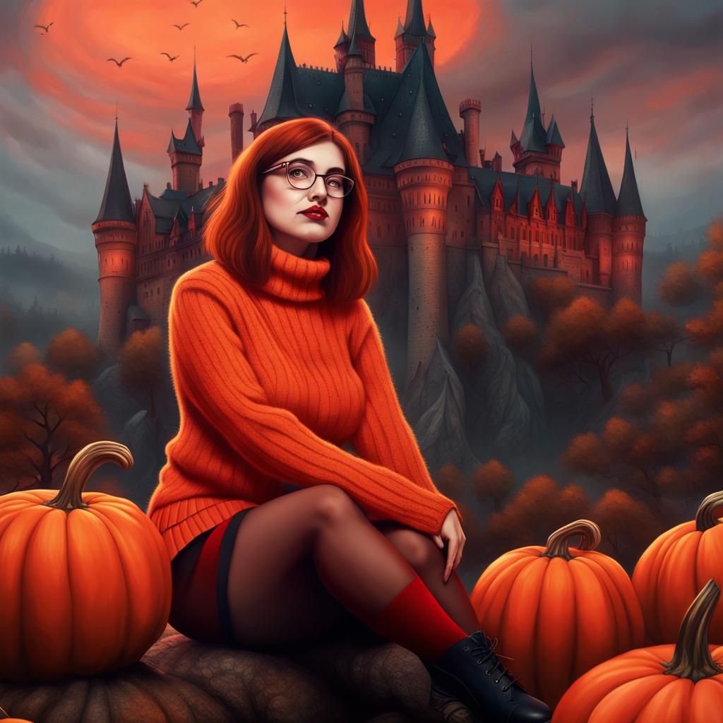 Woman on Pumpkin in Front of Dracula's Castle