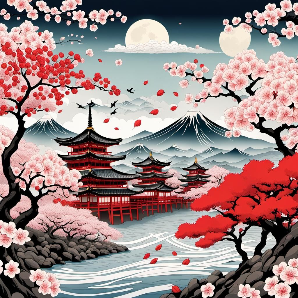 Edo Japan Shogun Archers in Kyoto: Ukiyo-e Style