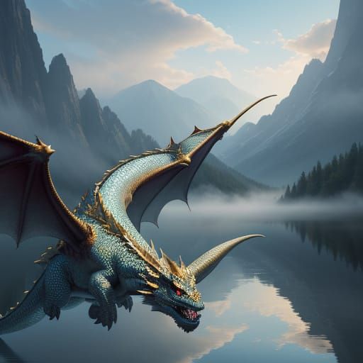 Dragon Over Mountain Lake in Golden Hour Light
