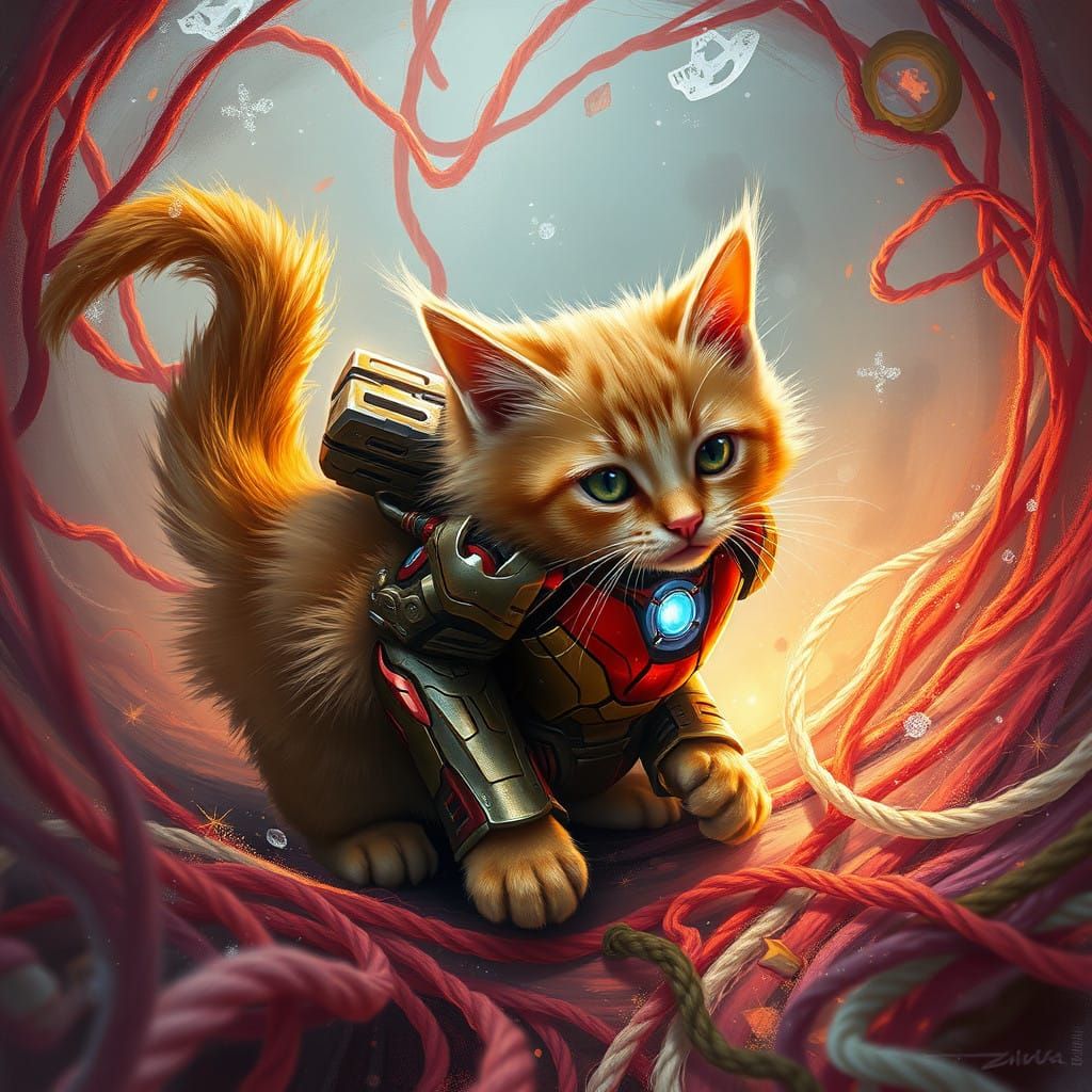 Vibrant Orange Tabby Cat Plays Ironman in Whimsical Yarn Bat...