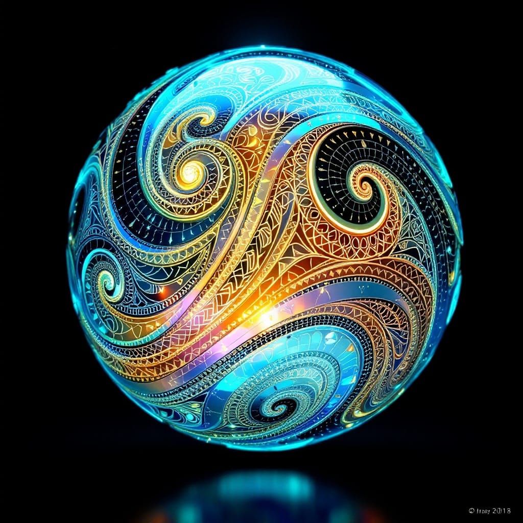 Iridescent Cyberpunk Orb with Maori Tribal Patterns