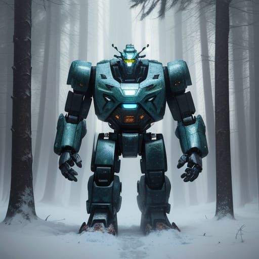 Robot Bigfoot in Snowy Forest, Sci-Fi Illustration