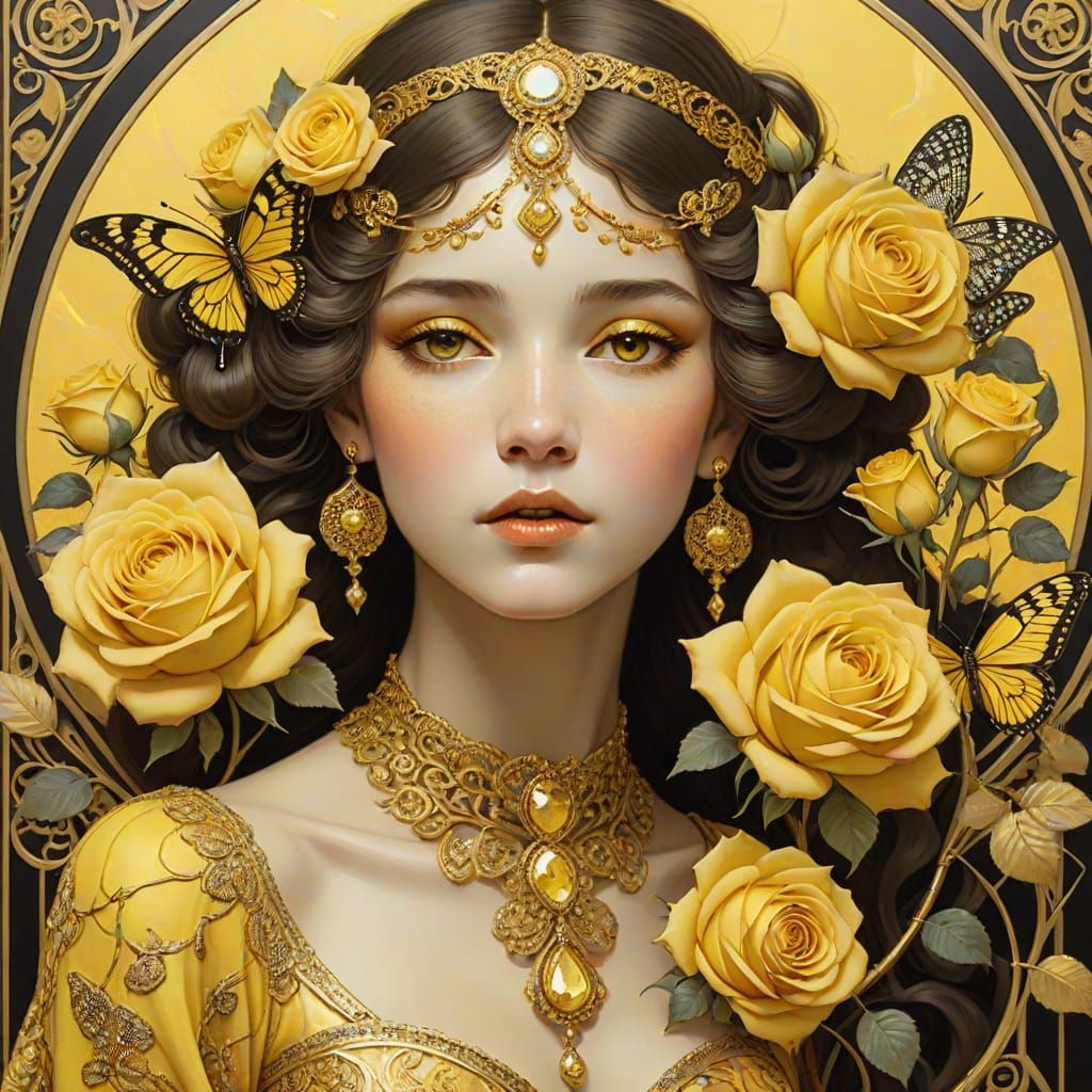 Vibrant Yellow Roses in Art Nouveau Style