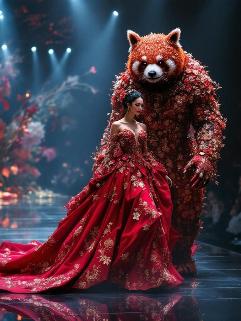 Regal Woman and Panda in Embroidered Gowns