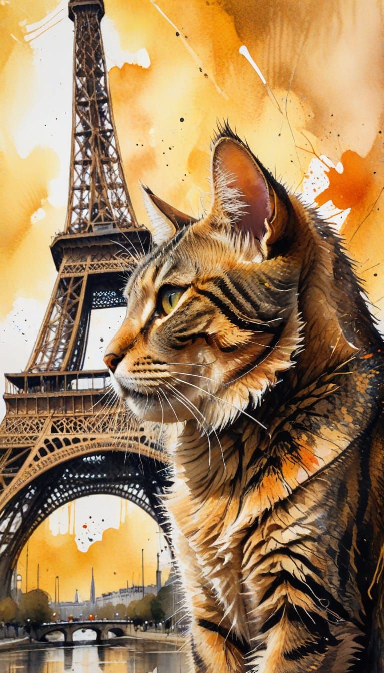 Giant Tabby Cat Scratches Eiffel Tower in Watercolour