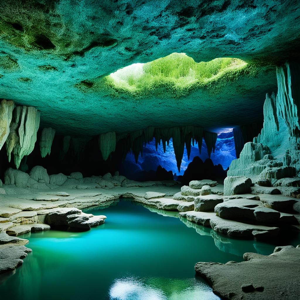 Tranquil Underground Cave with Blue-Green Pool