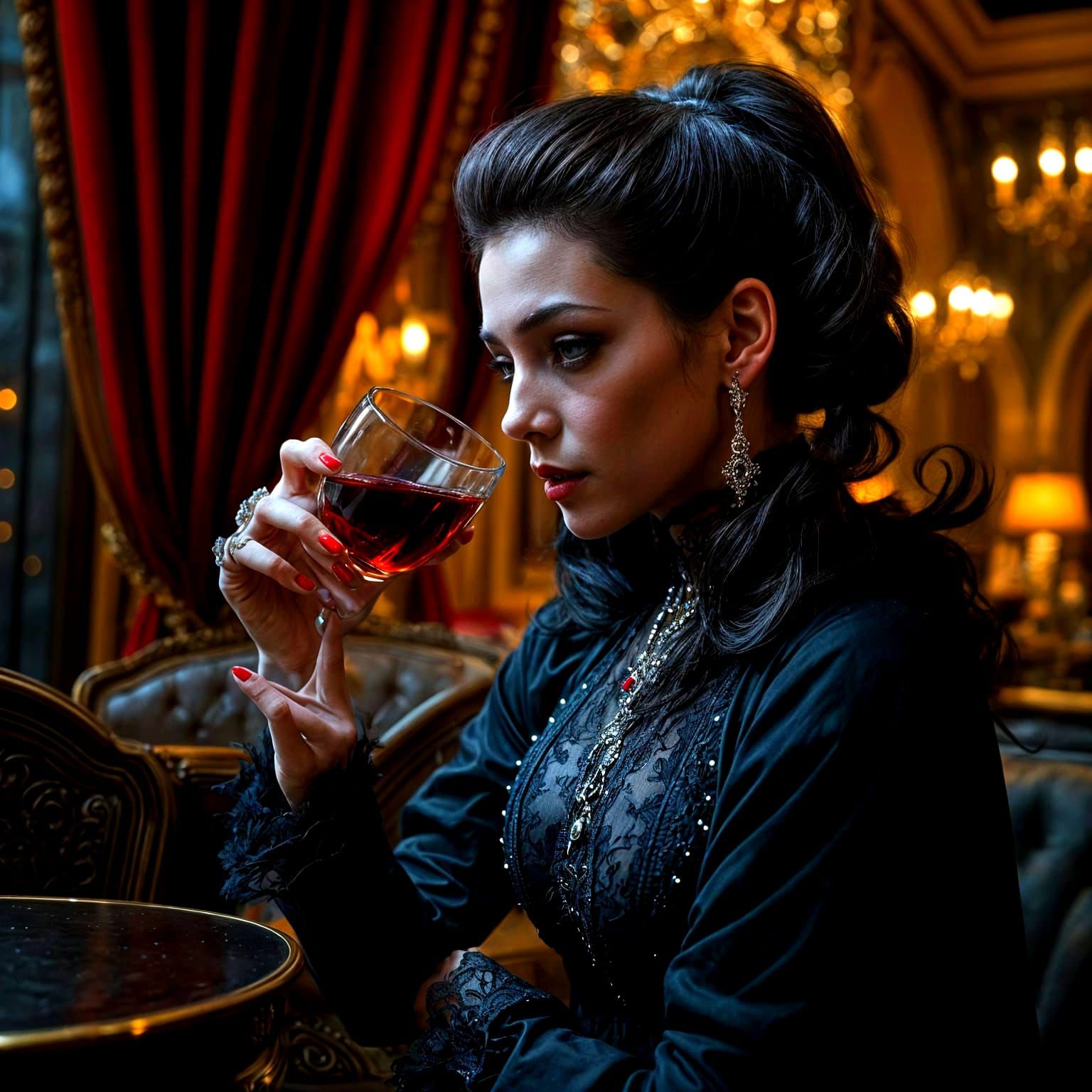 Stylish Vampire Sips Artisanal Blood in Haute Couture Café