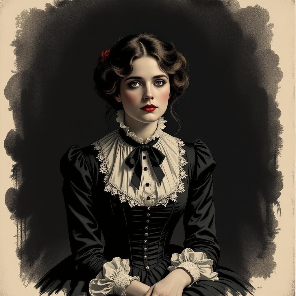 Woman in Darkness: Haunting Engraving in Gustave Doré Style