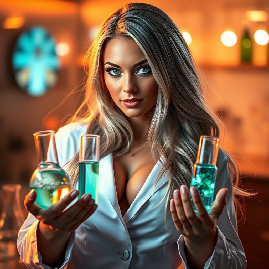 Futuristic Woman with Glowing Liquids in Lab