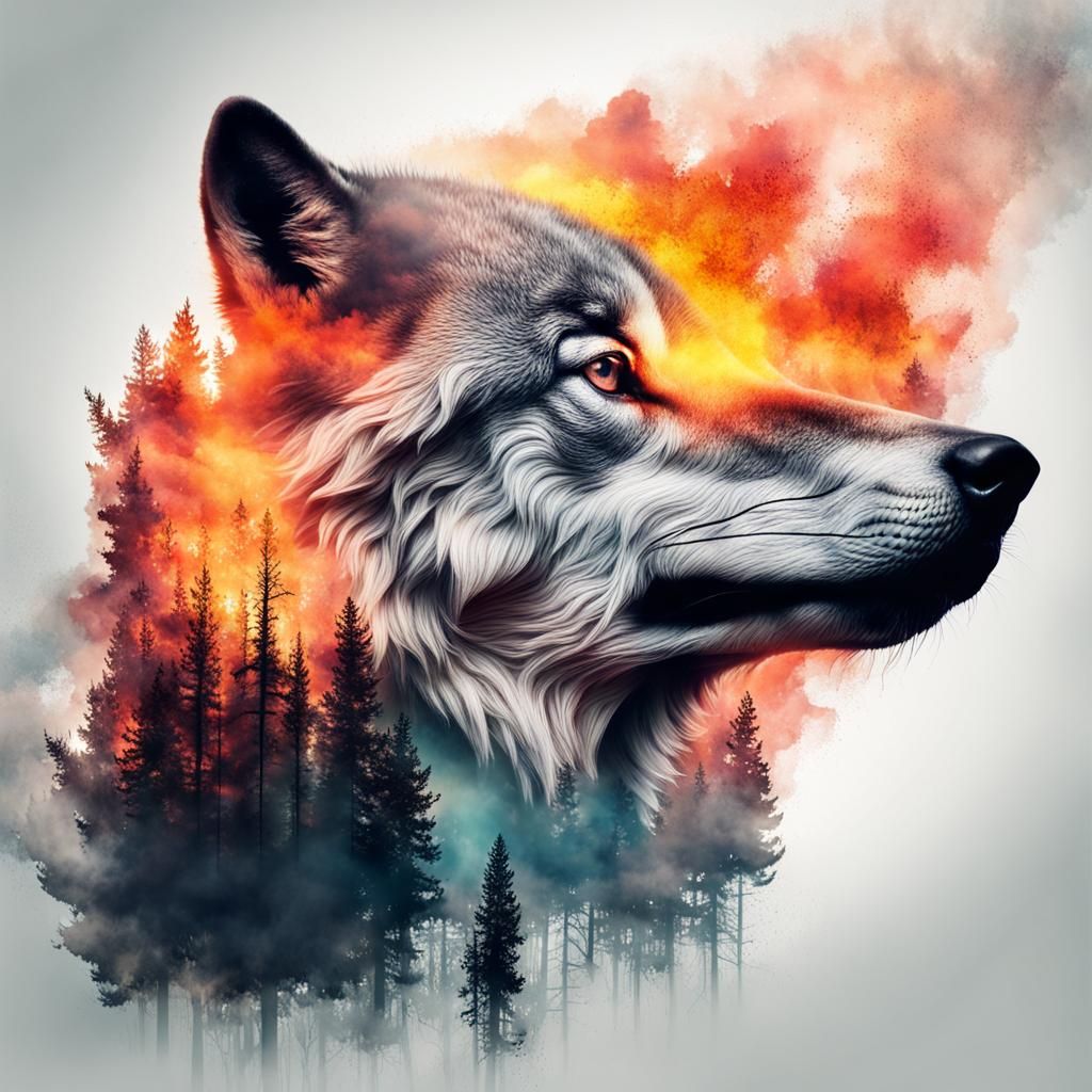Fiery Wolf: Double Exposure Forest Fire Art