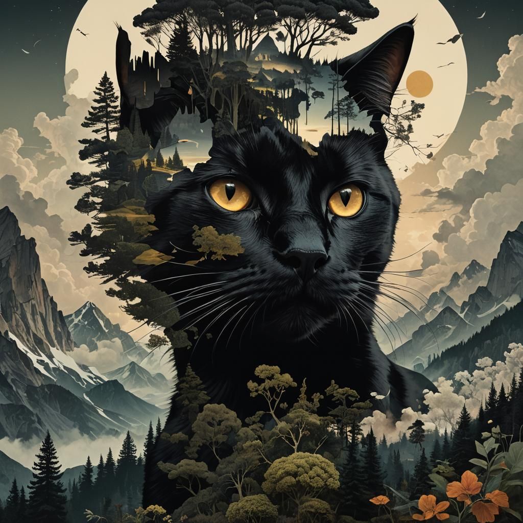 Surreal Landscape Collage with Cat Silhouette