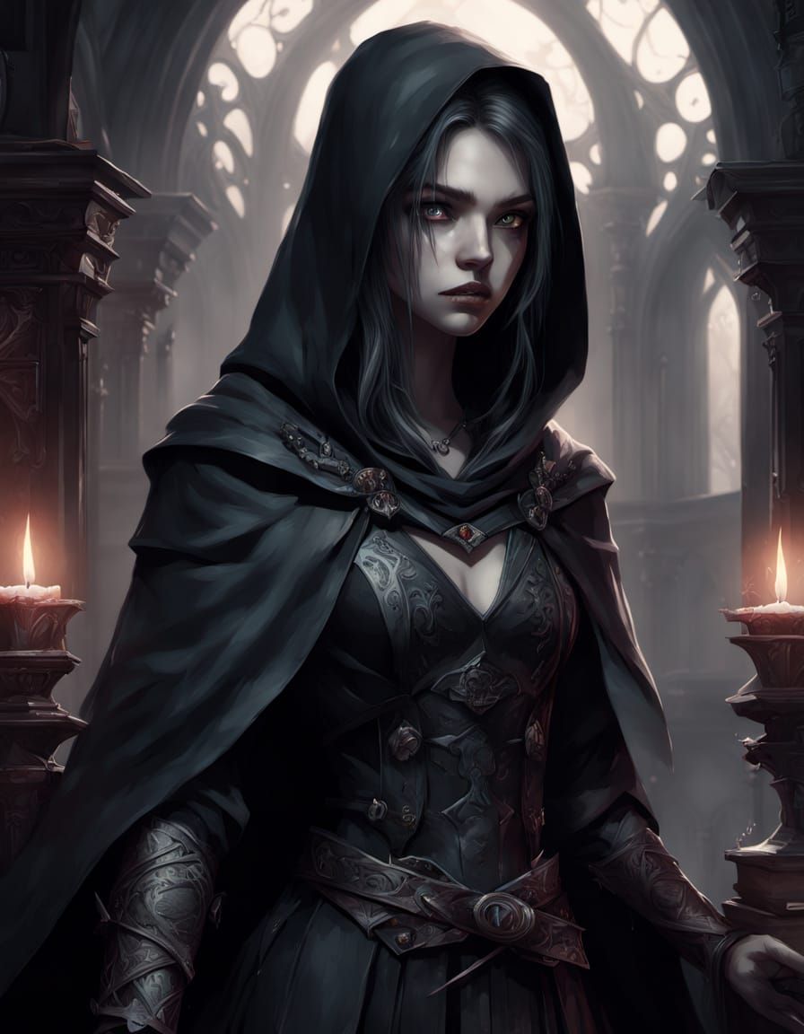 Gothic Horror Shadow Assassin in Hidden Library of Ancient T...