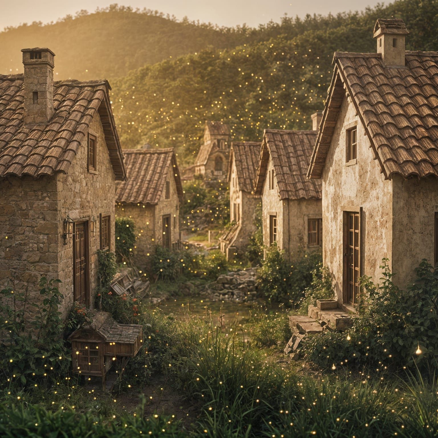 Magical Realist Village Floats Amidst Fireflies
