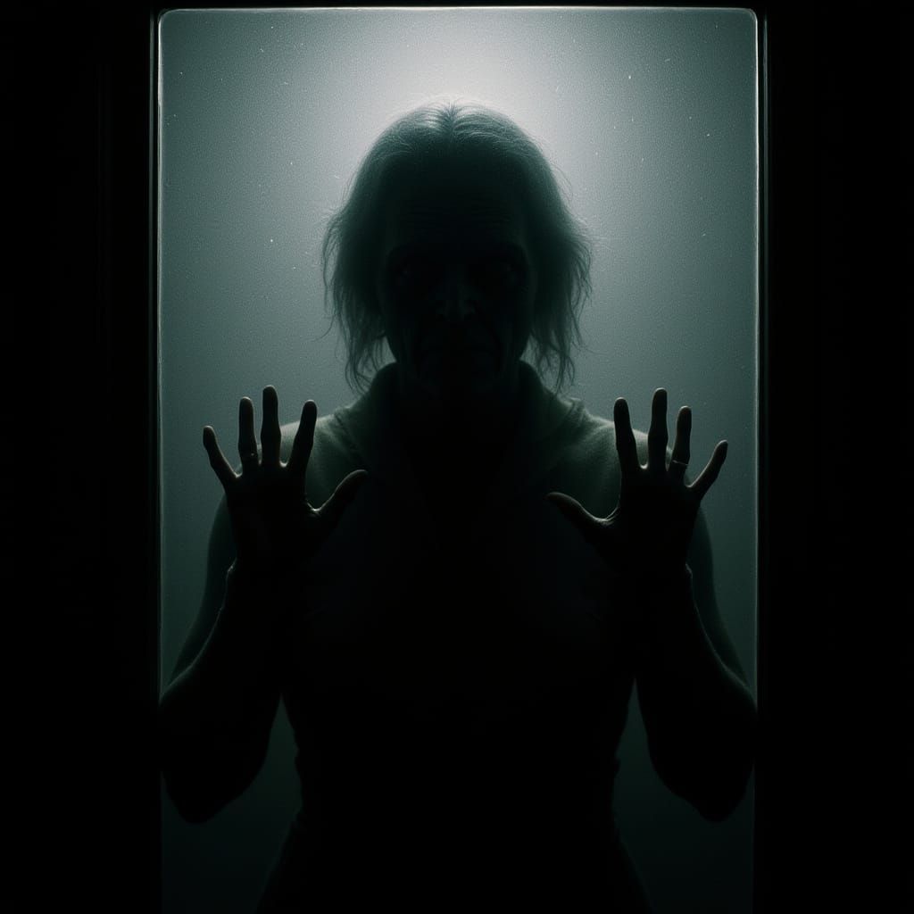 Sinister Old Woman Silhouette Behind Frosted Glass