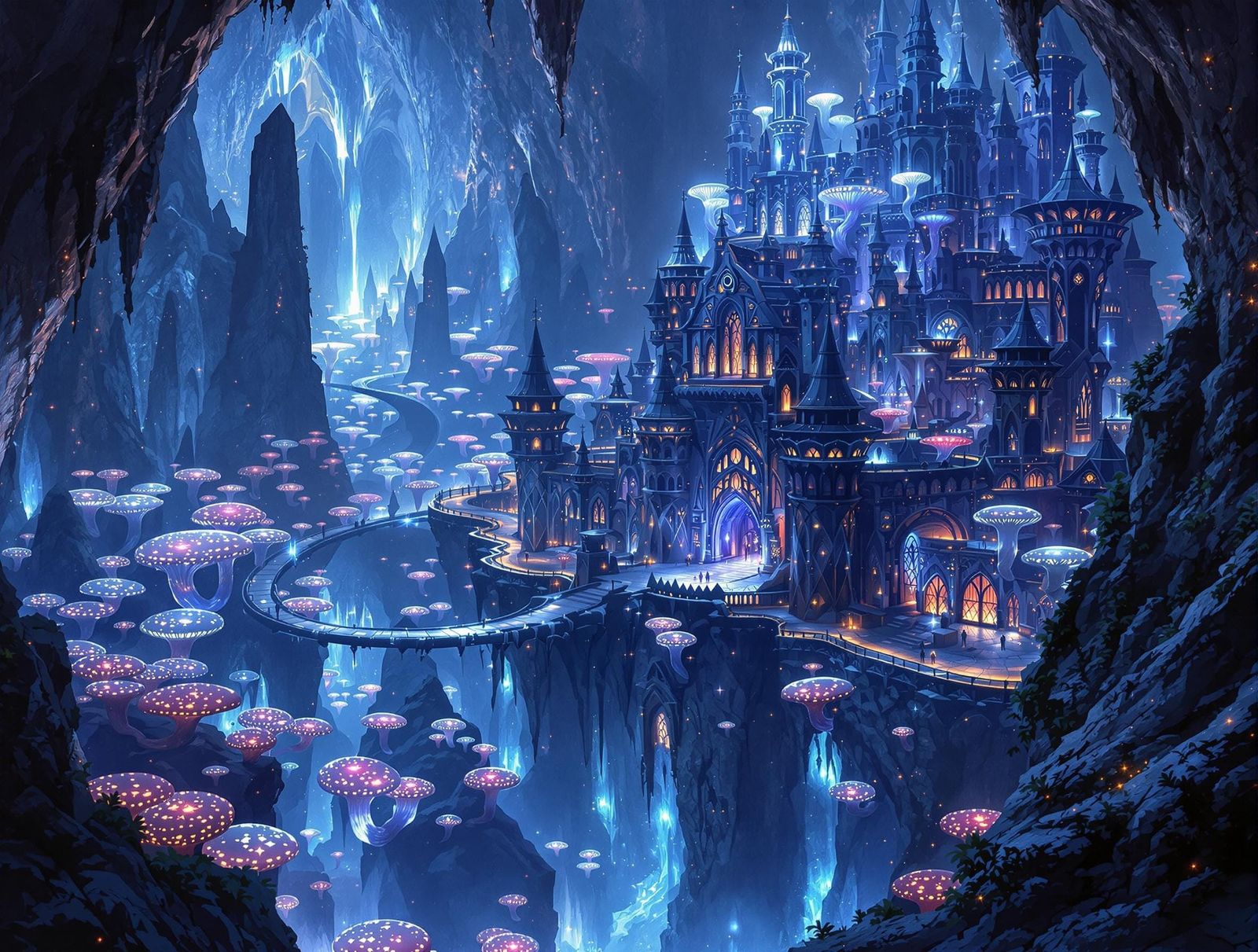 Dark Elves' Crystal City Amidst Luminous Fungal Forest