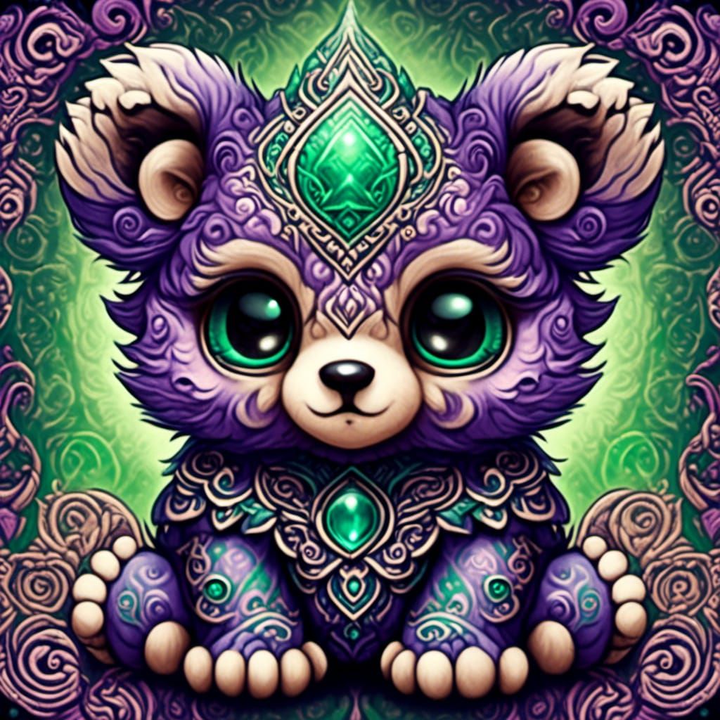 Purple Emerald Chibi Bear Cub in Tantra Art Style