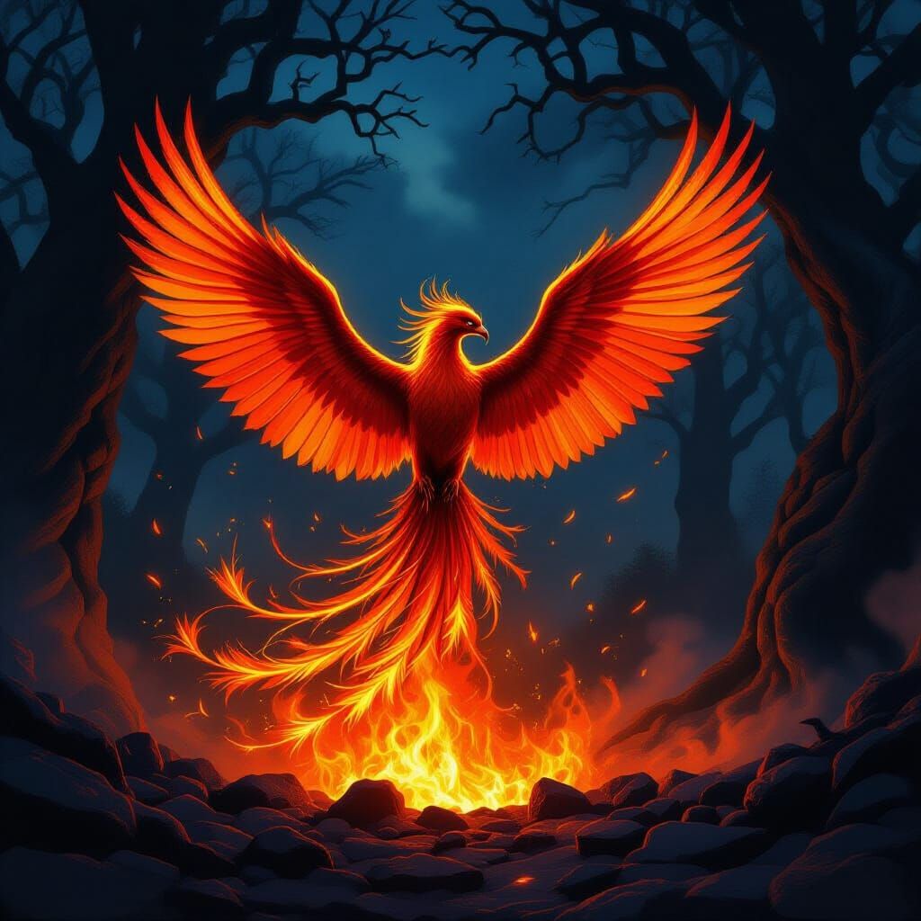 Majestic Phoenix Rises from Embers in Fantasy Art Style