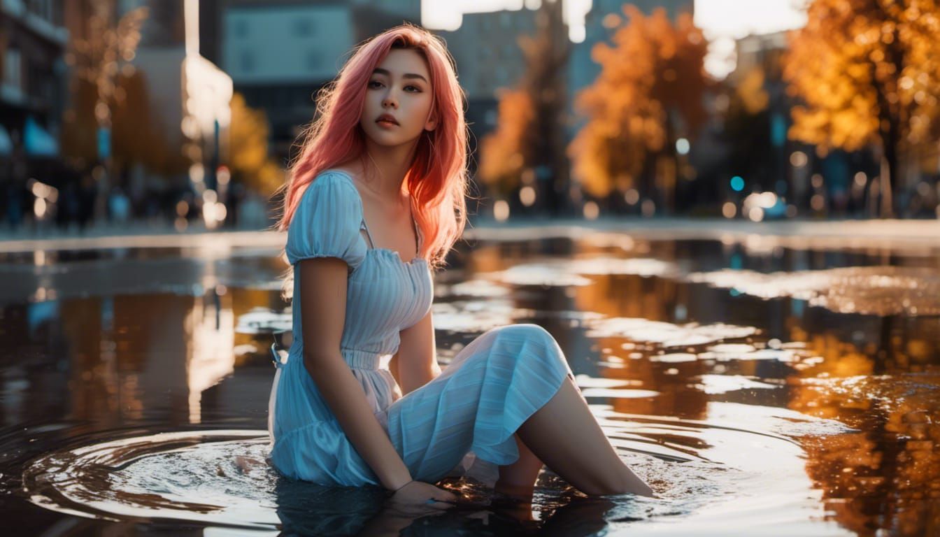 Young women sitting In a puddle
