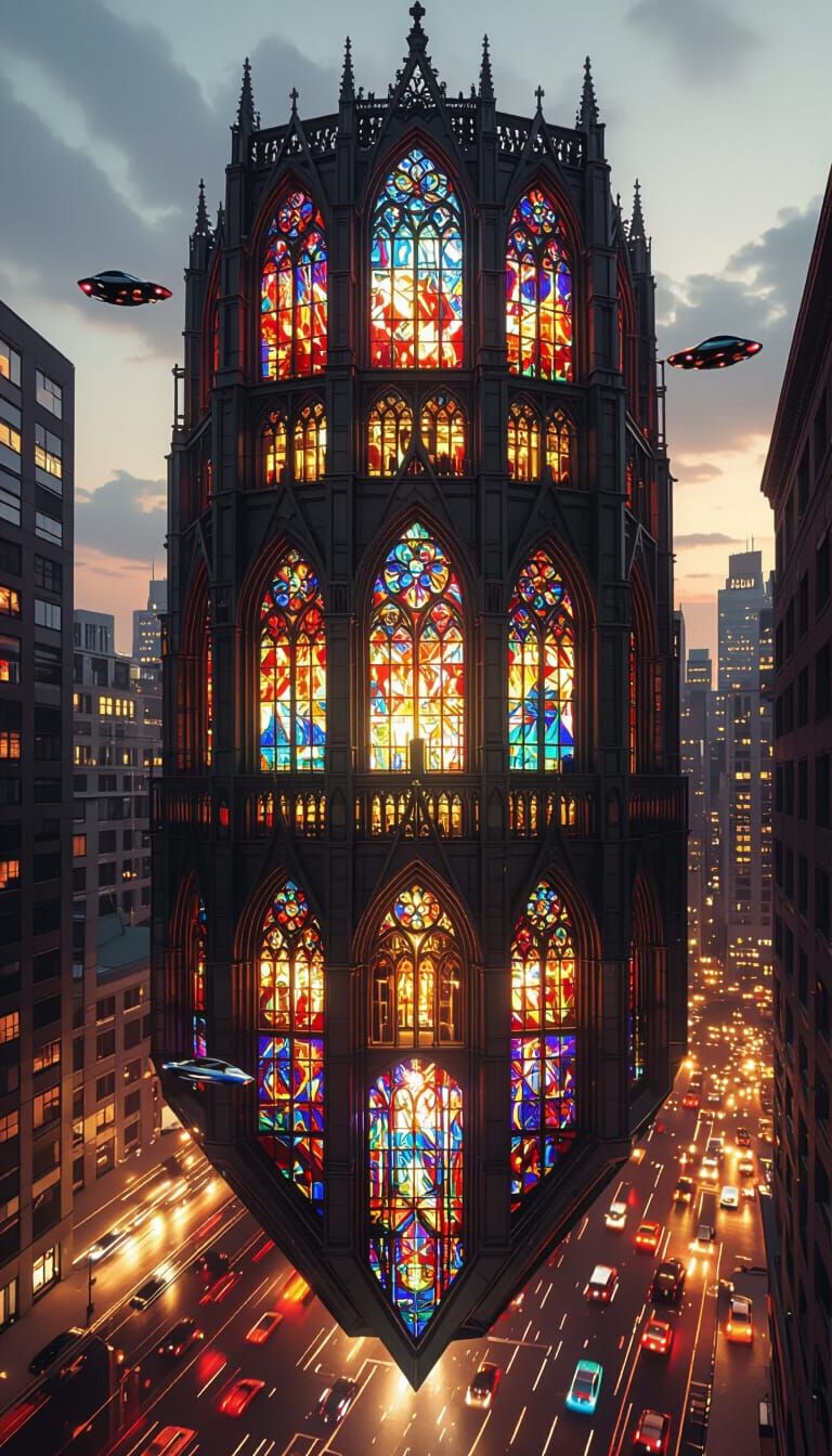 Futuristic Steel Building with Stained Glass Windows